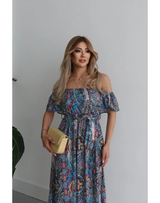 Kadın Kısa Kollu Madonna Yaka Fırfırlı Belden Yırtmaçlı Maksi Süprem Elbise