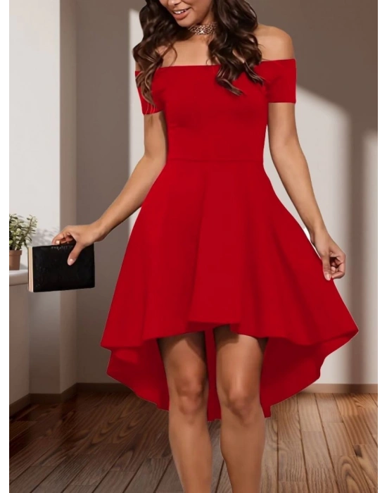 Kadın Kısa Kollu Madonna Yaka önü Kısa Arkası Uzun Ithal Krep Elbise