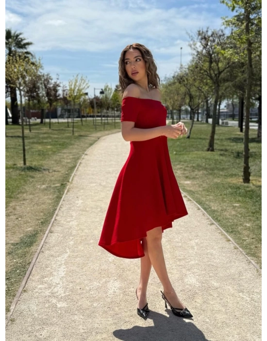 Kadın Kısa Kollu Madonna Yaka önü Kısa Arkası Uzun Ithal Krep Elbise