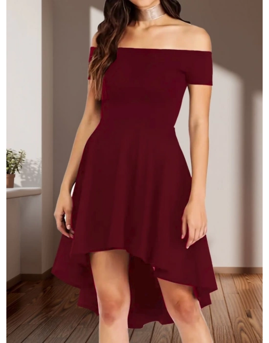 Kadın Kısa Kollu Madonna Yaka önü Kısa Arkası Uzun Ithal Krep Elbise