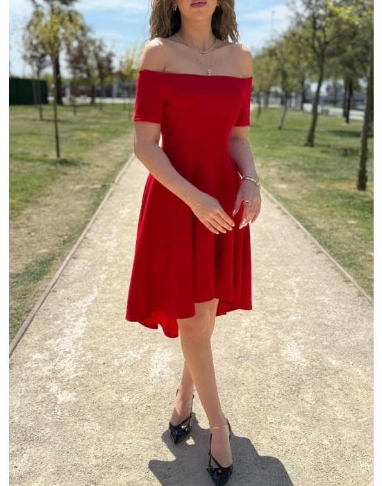 Kadın Kısa Kollu Madonna Yaka önü Kısa Arkası Uzun Ithal Krep Elbise