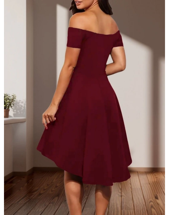 Kadın Kısa Kollu Madonna Yaka önü Kısa Arkası Uzun Ithal Krep Elbise