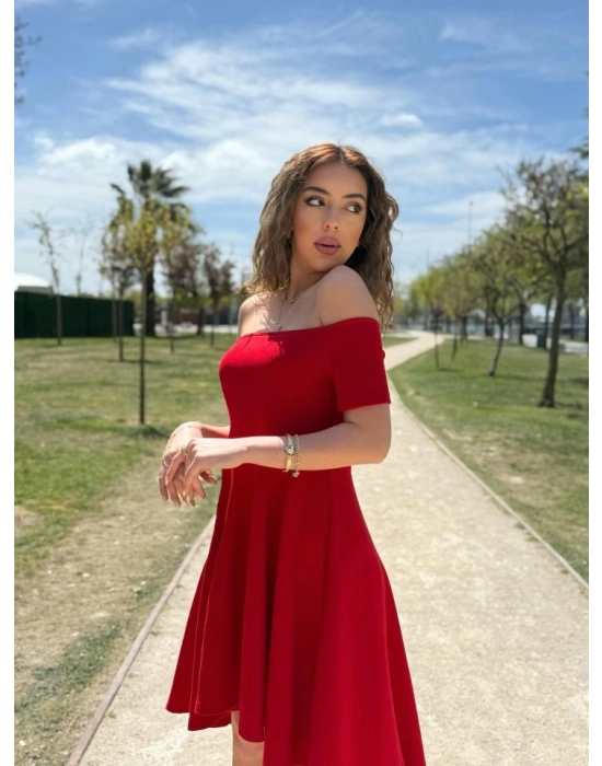 Kadın Kısa Kollu Madonna Yaka önü Kısa Arkası Uzun Ithal Krep Elbise