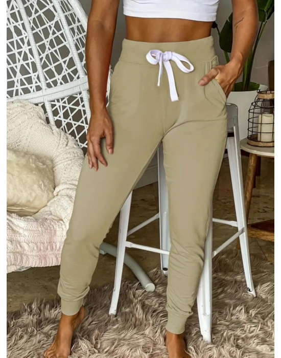 Kadın Kısa Kollu Madonna Yaka Viskon Crop Bluz Cepli Iki Iplik Eşofman Takım