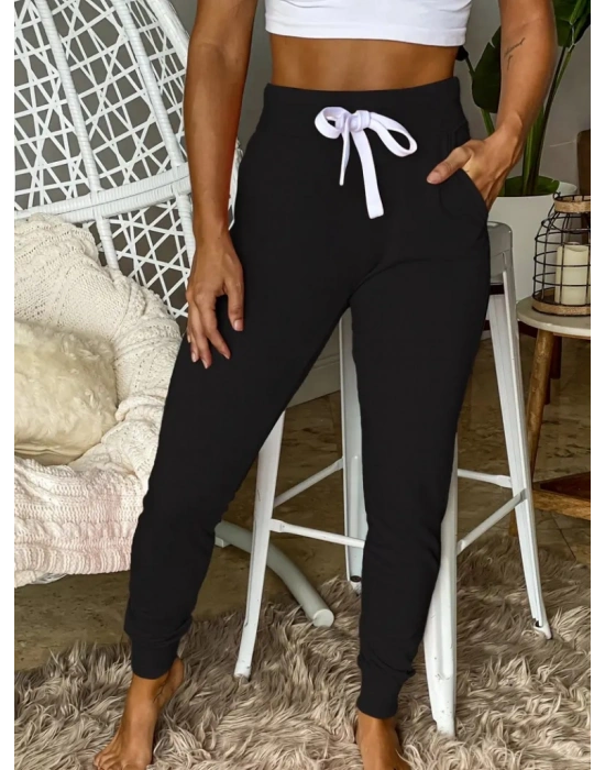 Kadın Kısa Kollu Madonna Yaka Viskon Crop Bluz Cepli Iki Iplik Eşofman Takım