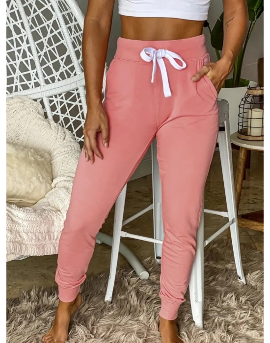 Kadın Kısa Kollu Madonna Yaka Viskon Crop Bluz Cepli Iki Iplik Eşofman Takım