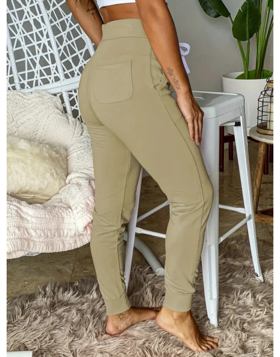 Kadın Kısa Kollu Madonna Yaka Viskon Crop Bluz Cepli Iki Iplik Eşofman Takım