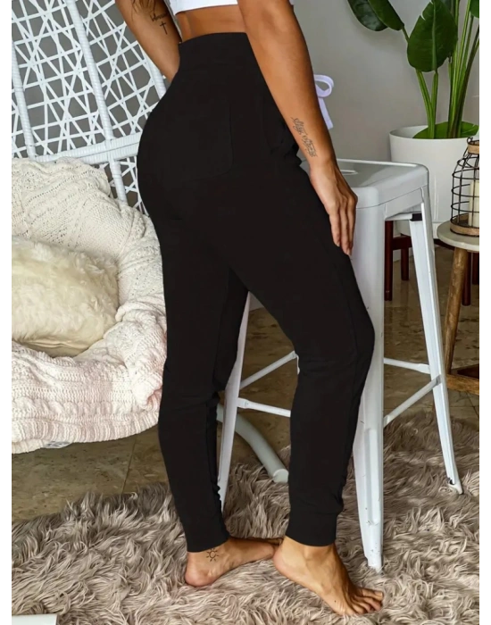 Kadın Kısa Kollu Madonna Yaka Viskon Crop Bluz Cepli Iki Iplik Eşofman Takım