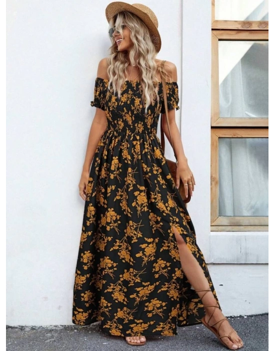 Kadın Kısa Kollu Madonna Yaka Yırtmaçlı çiçek Desenli Süprem Elbise