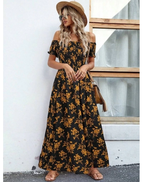 Kadın Kısa Kollu Madonna Yaka Yırtmaçlı çiçek Desenli Süprem Elbise