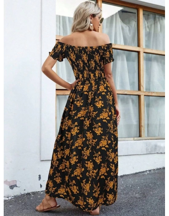 Kadın Kısa Kollu Madonna Yaka Yırtmaçlı çiçek Desenli Süprem Elbise