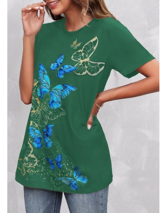 Kadın Kısa Kollu Mavi Sarı Kelebek Baskı Süprem Bluz