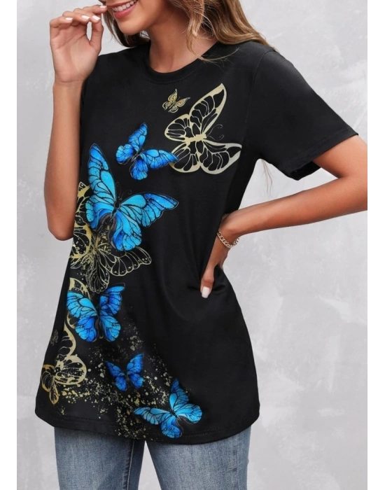 Kadın Kısa Kollu Mavi Sarı Kelebek Baskı Süprem Bluz