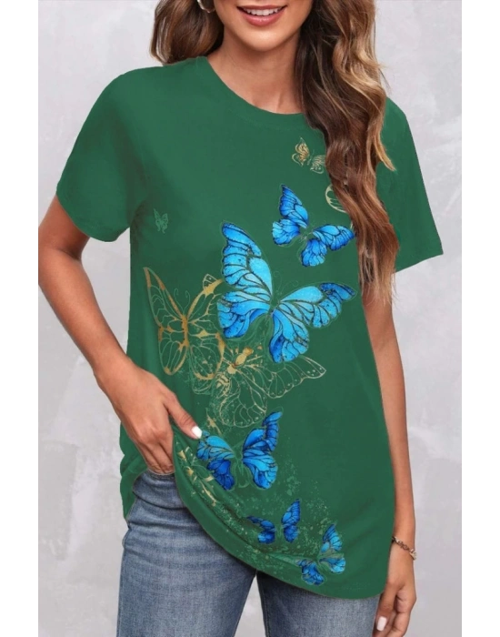 Kadın Kısa Kollu Mavi Sarı Kelebek Baskı Süprem Bluz