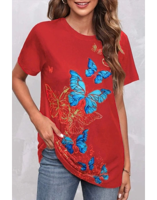 Kadın Kısa Kollu Mavi Sarı Kelebek Baskı Süprem Tshirt