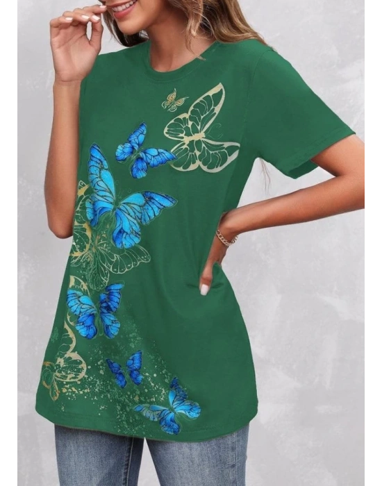 Kadın Kısa Kollu Mavi Sarı Kelebek Baskı Süprem Tshirt