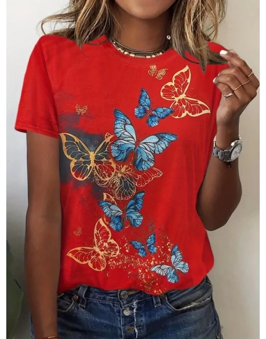 Kadın Kısa Kollu Mavi Sarı Kelebek Baskı Süprem Tshirt