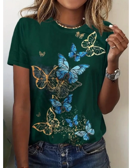 Kadın Kısa Kollu Mavi Sarı Kelebek Baskı Süprem Tshirt