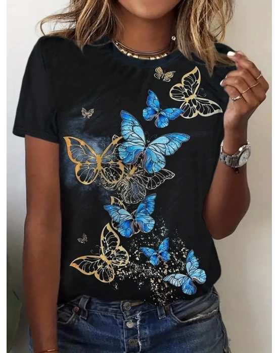 Kadın Kısa Kollu Mavi Sarı Kelebek Baskı Süprem Tshirt