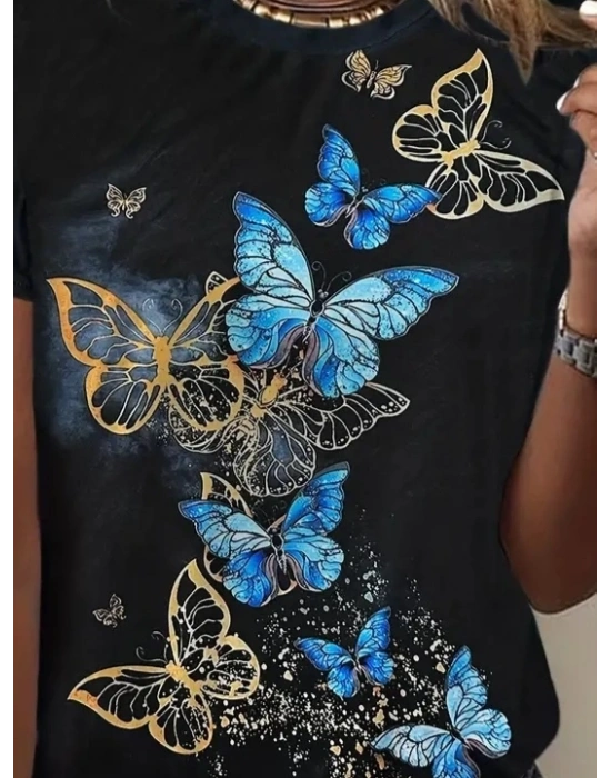 Kadın Kısa Kollu Mavi Sarı Kelebek Baskı Süprem Tshirt