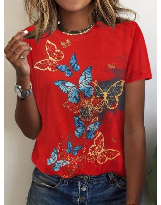 Kadın Kısa Kollu Mavi Sarı Kelebek Baskı Süprem Tshirt