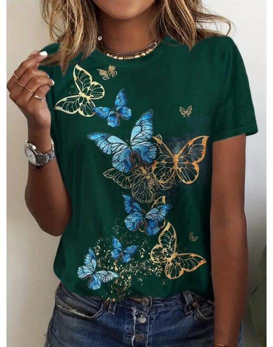 Kadın Kısa Kollu Mavi Sarı Kelebek Baskı Süprem Tshirt