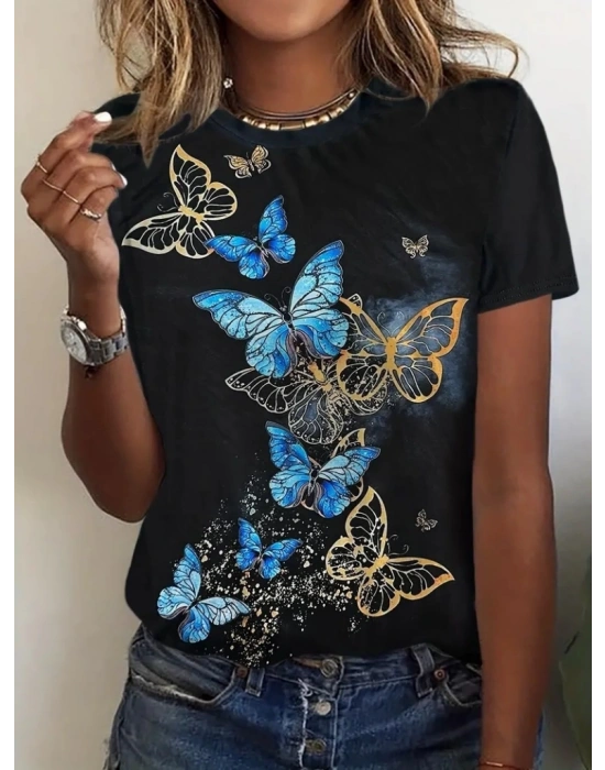 Kadın Kısa Kollu Mavi Sarı Kelebek Baskı Süprem Tshirt