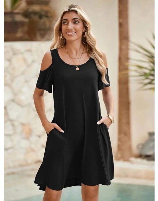 Kadın Kısa Kollu Omuz Pencere Detay Kiloş Viskon Elbise