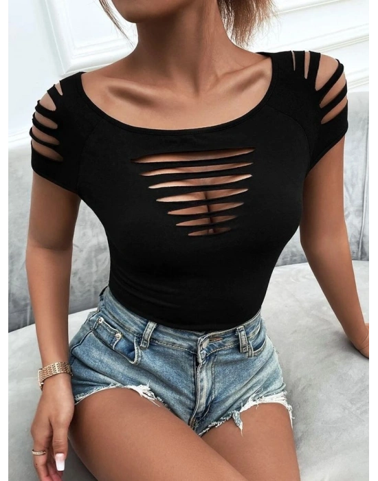 Kadın Kısa Kollu Omuz Ve Göğüs Kesik Detay Viskon Bluz