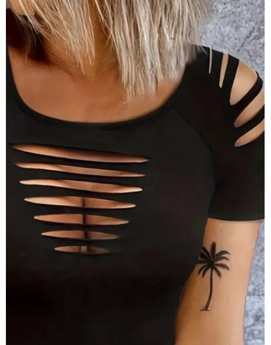 Kadın Kısa Kollu Omuz Ve Göğüs Kesik Detay Viskon Bluz