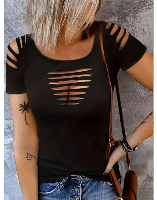 Kadın Kısa Kollu Omuz Ve Göğüs Kesik Detay Viskon Bluz