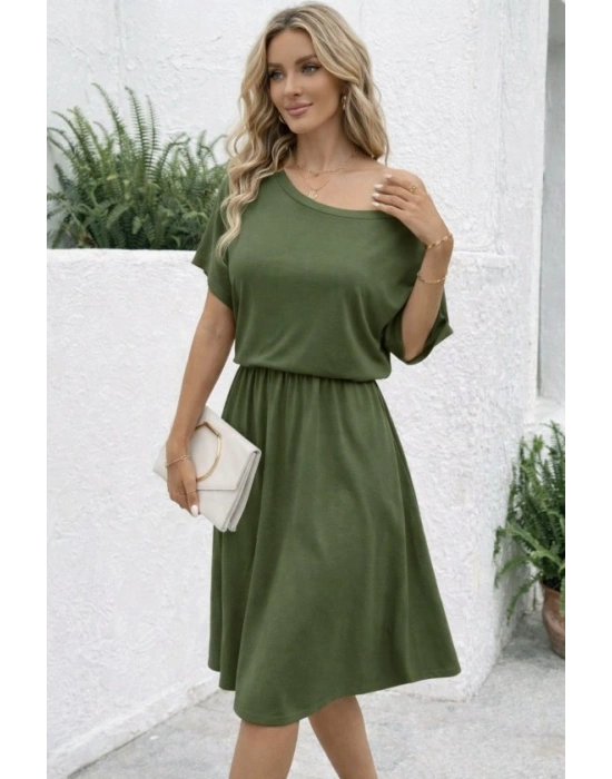 Kadın Kısa Kollu Omuzdan Açık Kiloş Midi Viskon Elbise