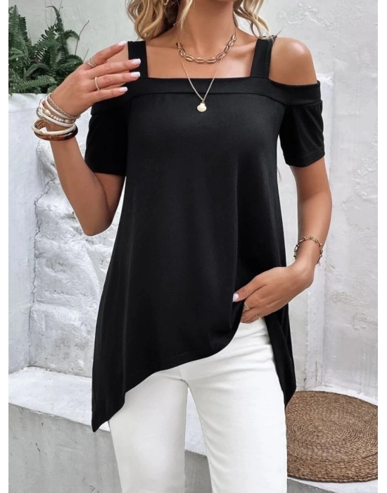 Kadın Kısa Kollu Omuzlardan Açık Askılı Asimetrik Kesim Viskon Bluz