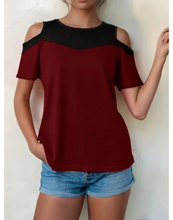 Kadın Kısa Kollu Omuzlardan Açık Detaylı çift Renkli Viskon Bluz