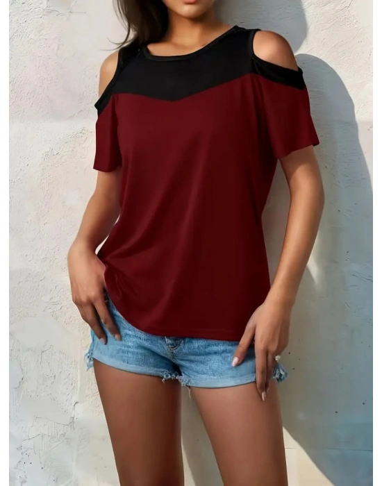 Kadın Kısa Kollu Omuzlardan Açık Detaylı çift Renkli Viskon Bluz