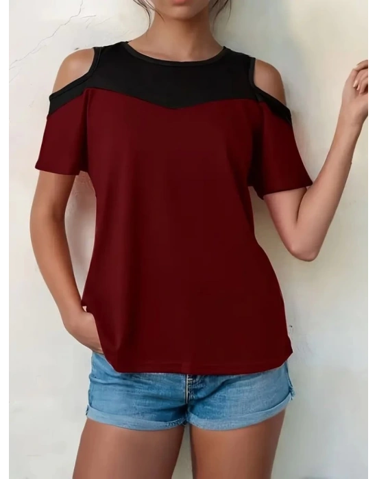 Kadın Kısa Kollu Omuzlardan Açık Detaylı çift Renkli Viskon Bluz