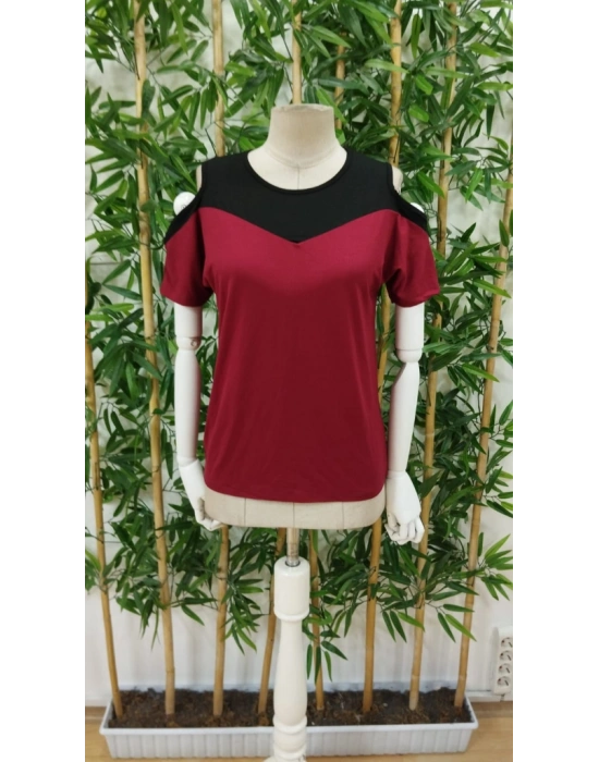 Kadın Kısa Kollu Omuzlardan Açık Detaylı çift Renkli Viskon Bluz