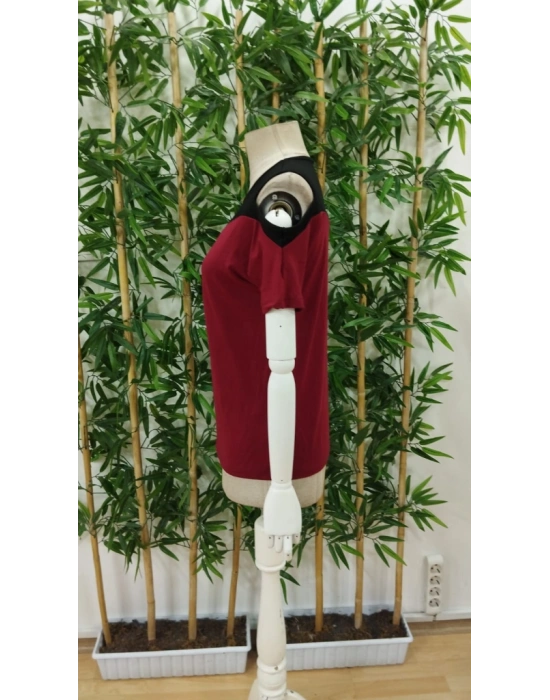 Kadın Kısa Kollu Omuzlardan Açık Detaylı çift Renkli Viskon Bluz