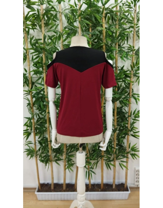 Kadın Kısa Kollu Omuzlardan Açık Detaylı çift Renkli Viskon Bluz