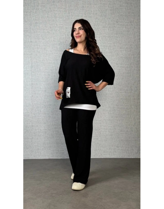 Kadın Kısa Kollu Omuzlardan Açık Yarasa Kollu Bürümcük Bluz Ve Pantolon Ve Viskon Atlet