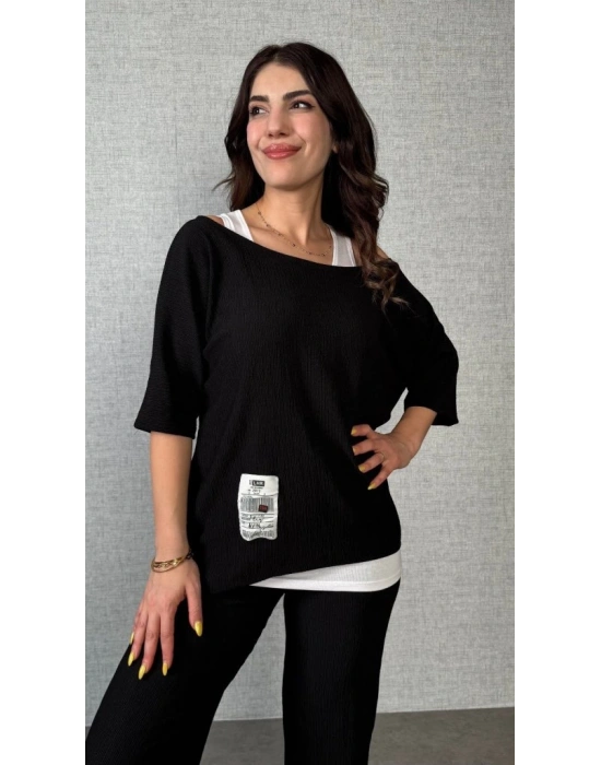 Kadın Kısa Kollu Omuzlardan Açık Yarasa Kollu Bürümcük Bluz Ve Pantolon Ve Viskon Atlet