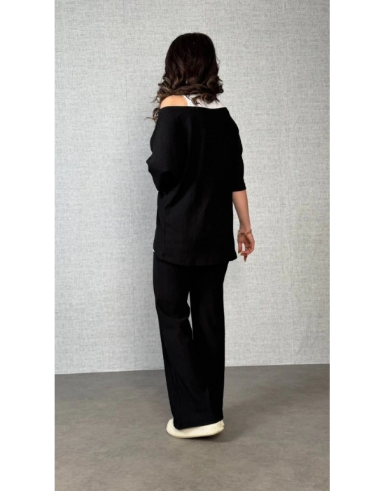 Kadın Kısa Kollu Omuzlardan Açık Yarasa Kollu Bürümcük Bluz Ve Pantolon Ve Viskon Atlet