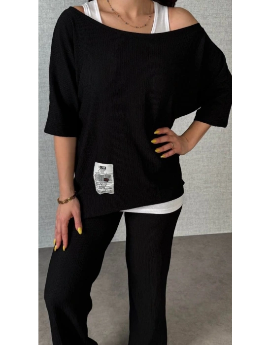 Kadın Kısa Kollu Omuzlardan Açık Yarasa Kollu Bürümcük Bluz Ve Pantolon Ve Viskon Atlet