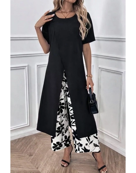 Kadın Kısa Kollu önden çapraz Detaylı Viskon Uzun Bluz Ve Desenli Iki Iplik Pantolon Ikili Takım