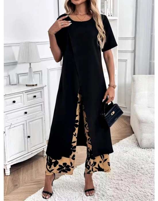 Kadın Kısa Kollu önden çapraz Detaylı Viskon Uzun Bluz Ve Desenli Iki Iplik Pantolon Ikili Takım