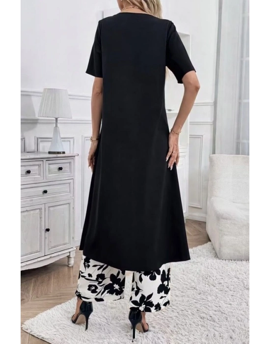 Kadın Kısa Kollu önden çapraz Detaylı Viskon Uzun Bluz Ve Desenli Iki Iplik Pantolon Ikili Takım