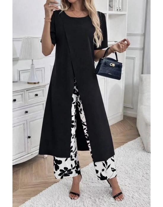 Kadın Kısa Kollu önden çapraz Detaylı Viskon Uzun Bluz Ve Desenli Iki Iplik Pantolon Ikili Takım