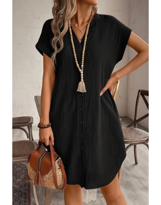 Kadın Kısa Kollu önden Düğmeli Ithal Keten Elbise