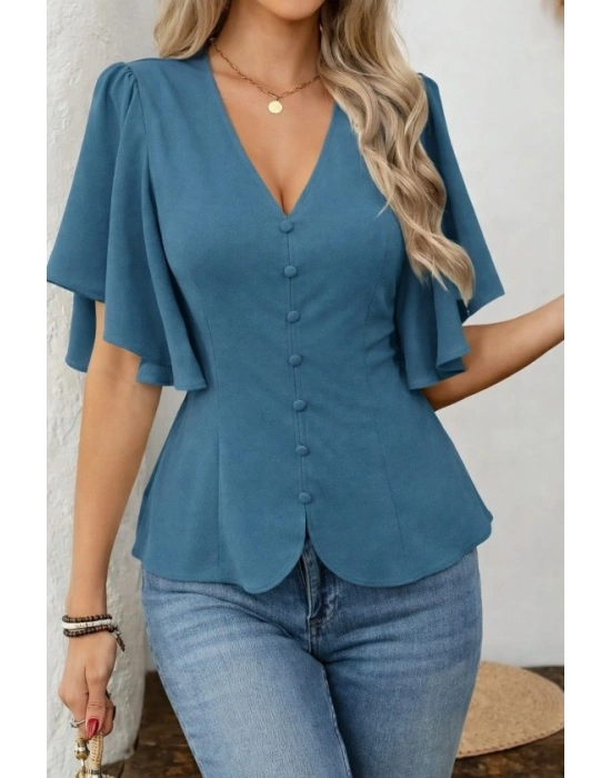 Kadın Kısa Kollu önden Düğmeli Ithal Krep Bluz