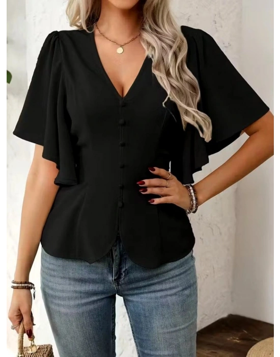 Kadın Kısa Kollu önden Düğmeli Ithal Krep Bluz